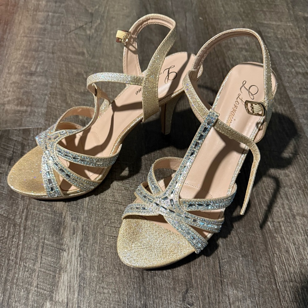 Lilly Pulitzer Gold Glitter Strappy Heeled Sandals with Crystal Accents